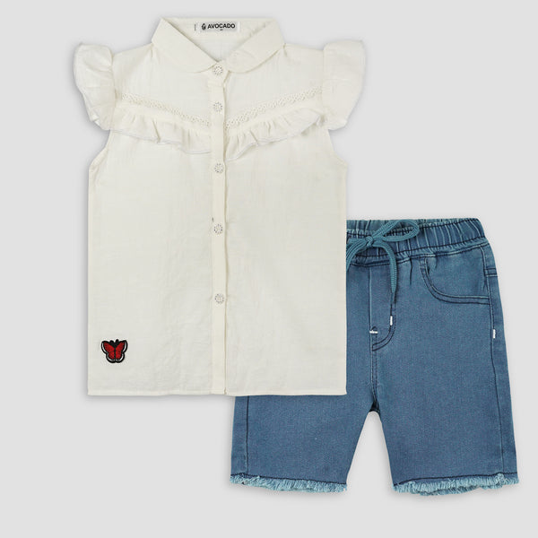 White Frill Shirt with Blue Denim Short