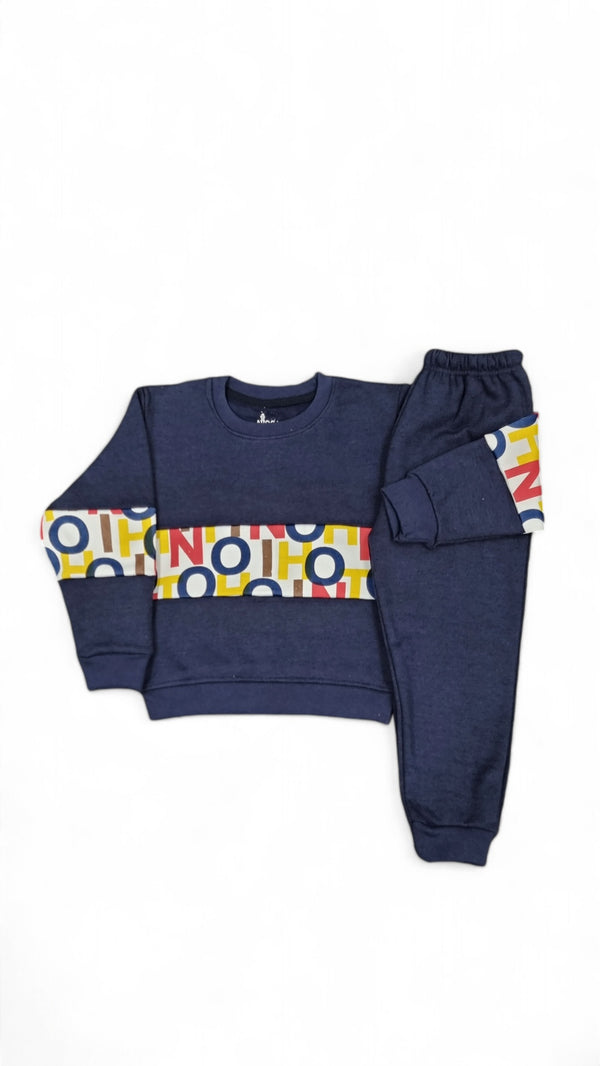 Bold Letters Fleece Navy Blue Sweatshirt & Trouser