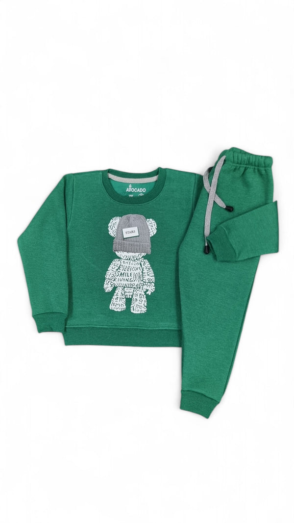 Stars Teddy Print Unisex Green Cotton Fleece Sweatshirt & Trouser