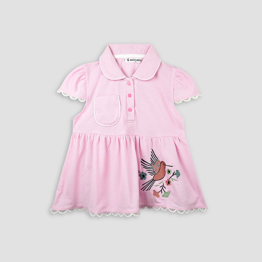 Collar Frock with Embroidery Bird & Floral Design