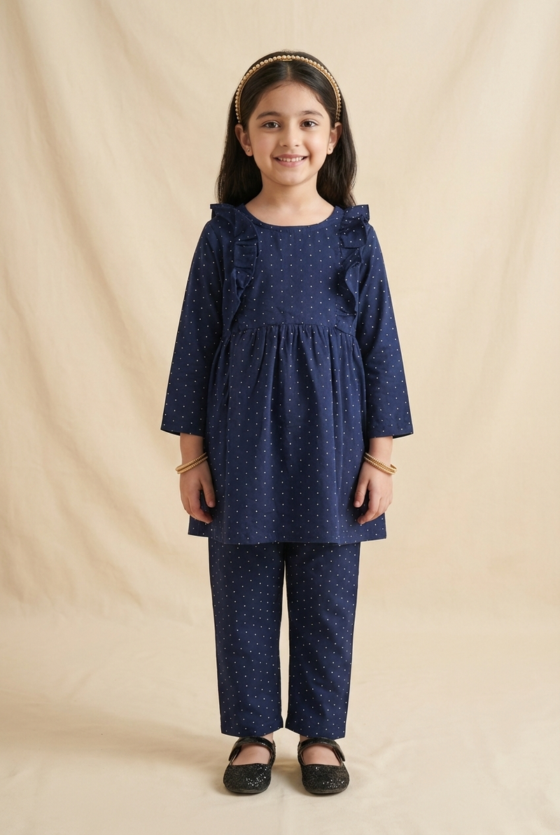 Navy & White Mini Print Frock & Trouser