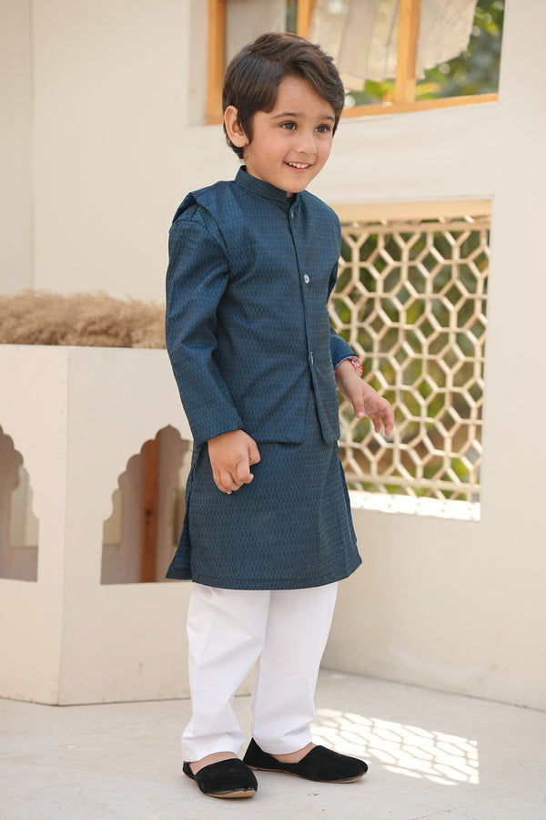 Navy Blue Textured Kurta With Waistcoat  & White Trouser ( 3pcs )