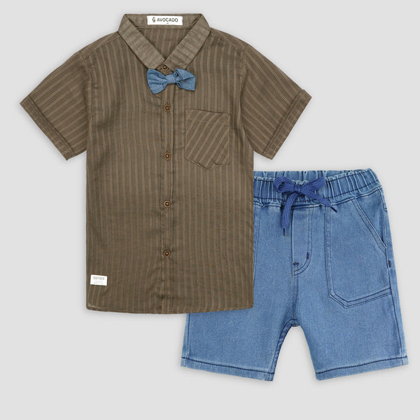 Brown Striped Shirt with Bow Denim Short