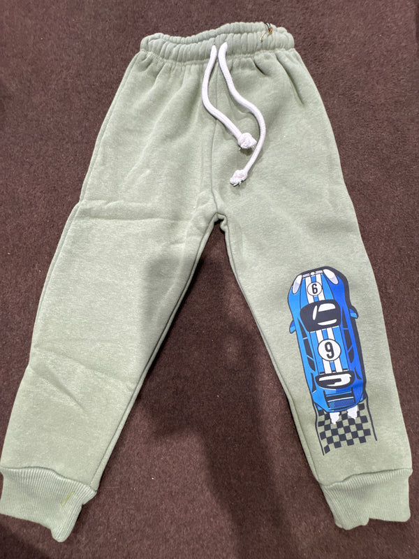 Racing Car Printed Green Fleece Trouser