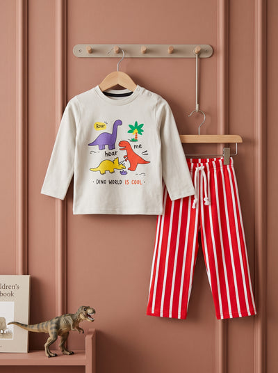 Dino World Full Sleeves Shirt & Red Stripe Trouser Infant