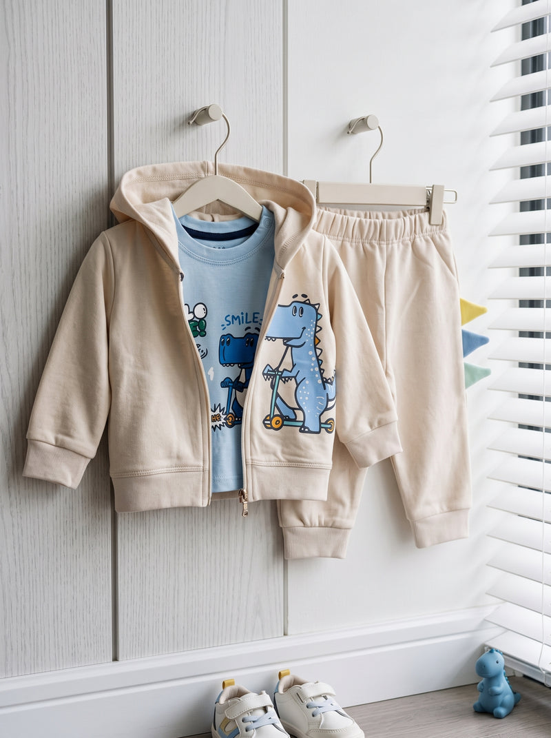 Ivory Dino Print Fleece Hoodie, T Shirt & Trouser 3 Piece Set infant