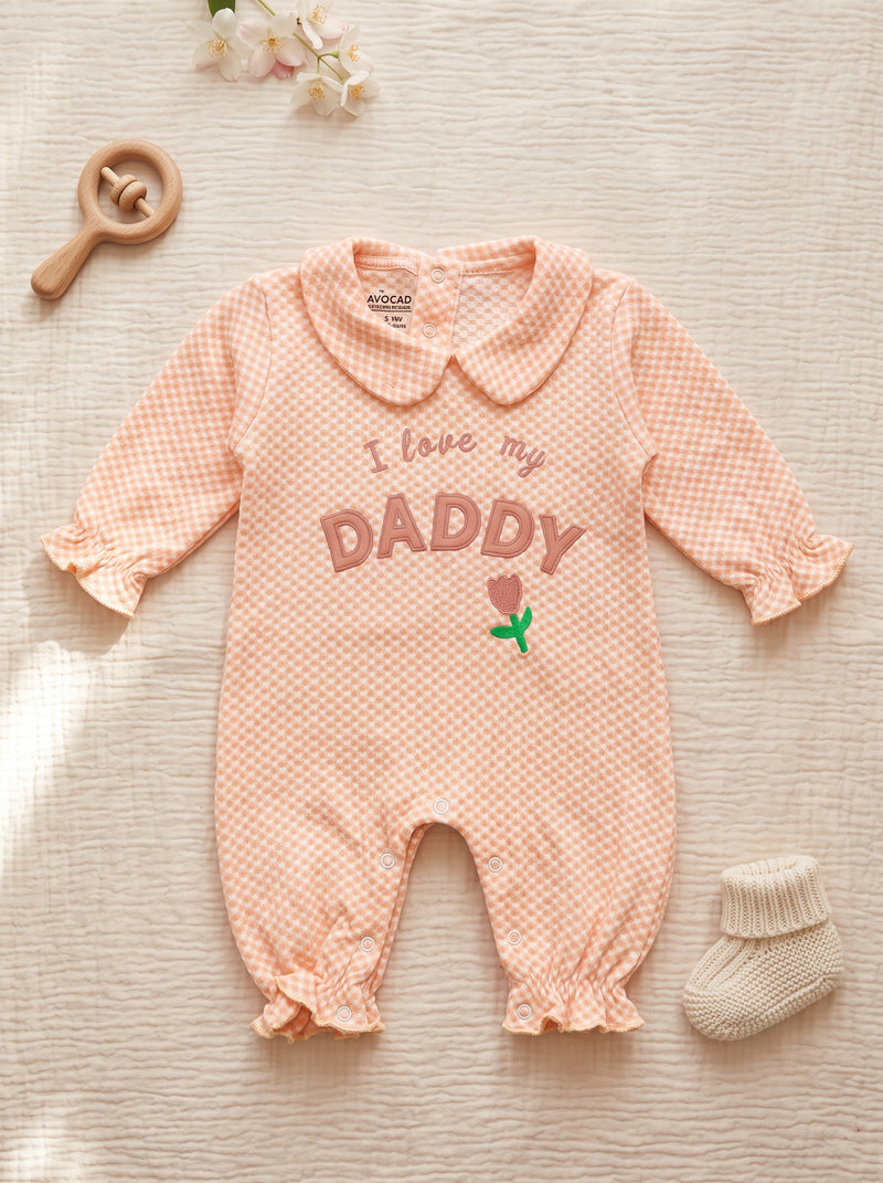 Daddy Embroidered Waffle Peach Romper
