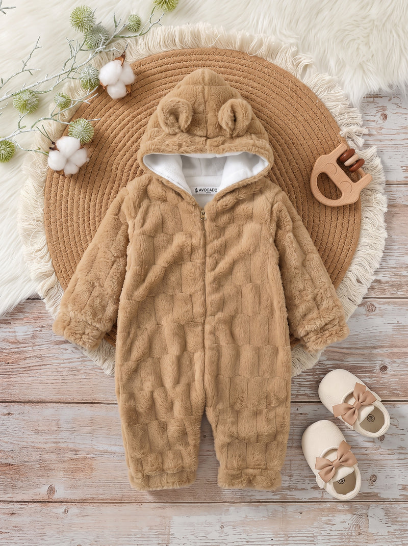 Camel Beige Cozy Grid Fur Hooded Romper