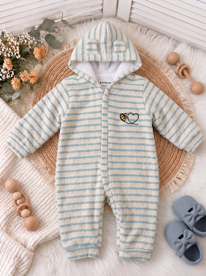 Premium Sky Blue Bee Heart Grip Fleece Romper