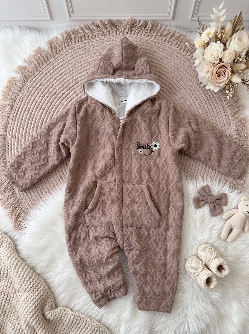 Smile Flower Embroidered Fur Hooded Romper