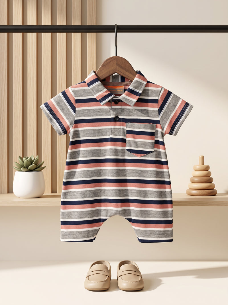 Navy - Peach Stripes Polo Romper