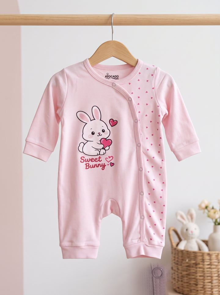 Sweet Bunny Heart Print Baby Pink Romper