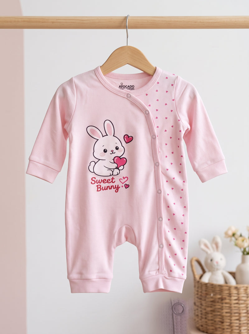 Sweet Bunny Heart Print Baby Pink Romper
