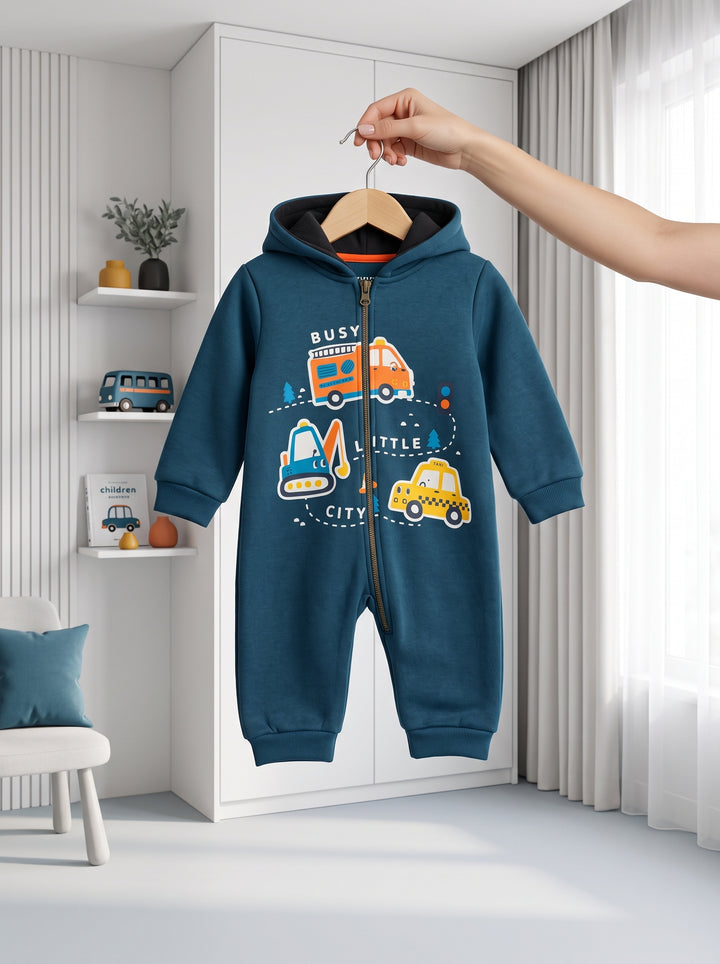 Blue Busy Little City Hooded Romper