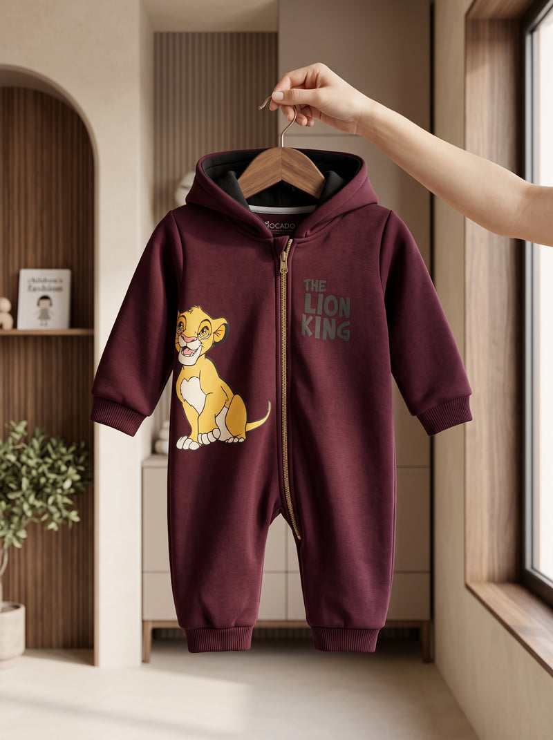 Maroon Lion King Hooded Zip-Up Romper