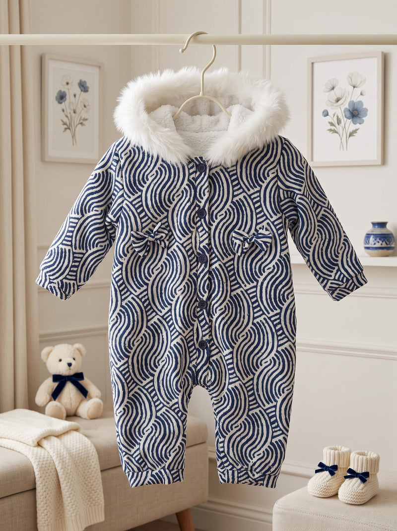 Royal Blue Double Bow Stripe Fur Hooded Romper