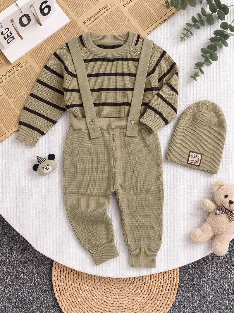 Beige Stripe Bear Cap & Suspender 3 Piece Woolen Set