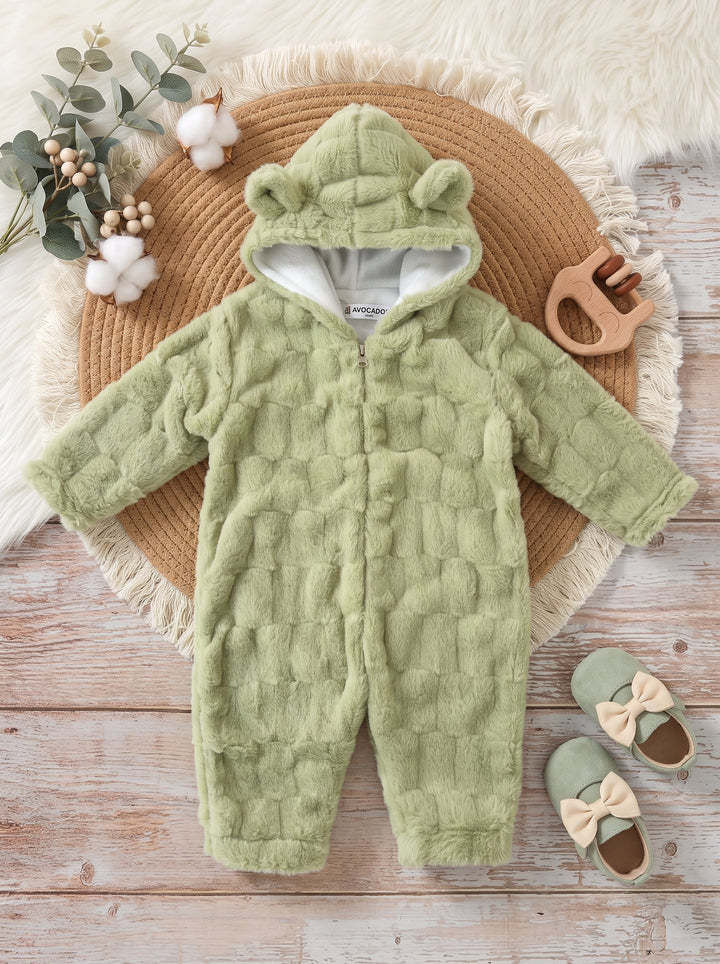 Sage Green Cozy Grid Fur Hooded Romper