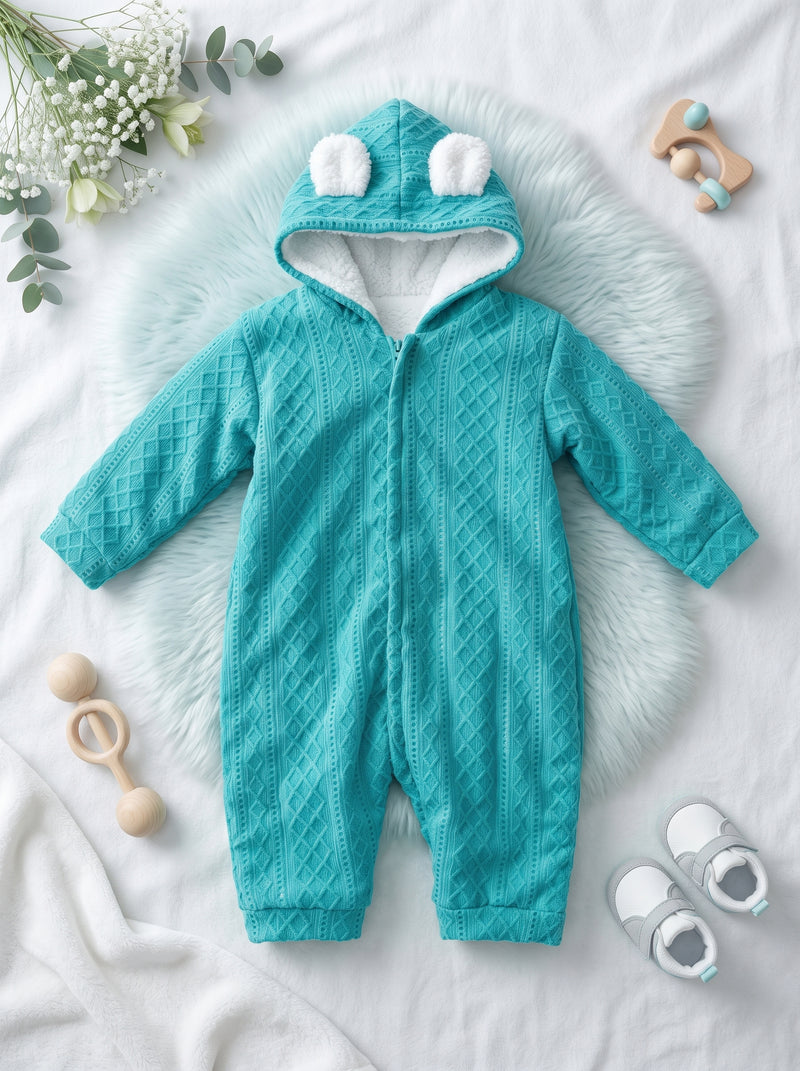 Aqua Textured Fur Hooded Romper