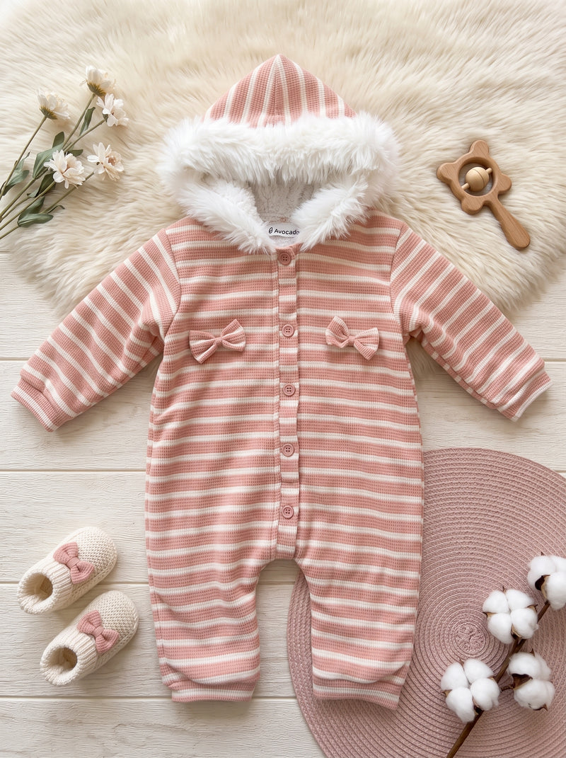 Blush Pink Double Bow Stripe Fur Hooded Romper