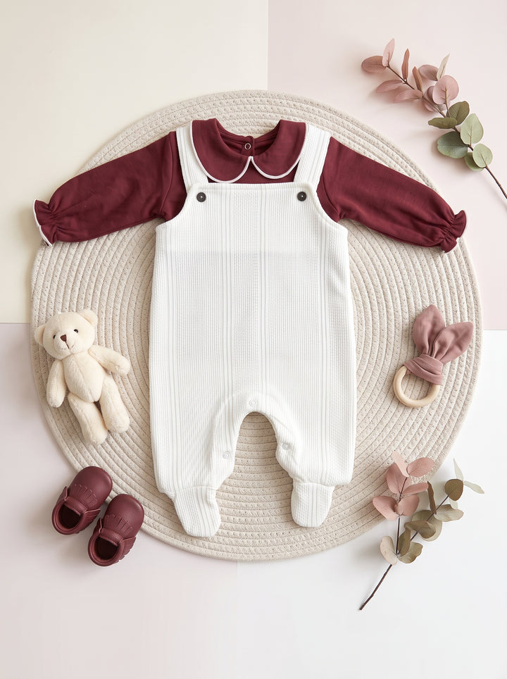 Corduroy Dungaree Footed White Romper