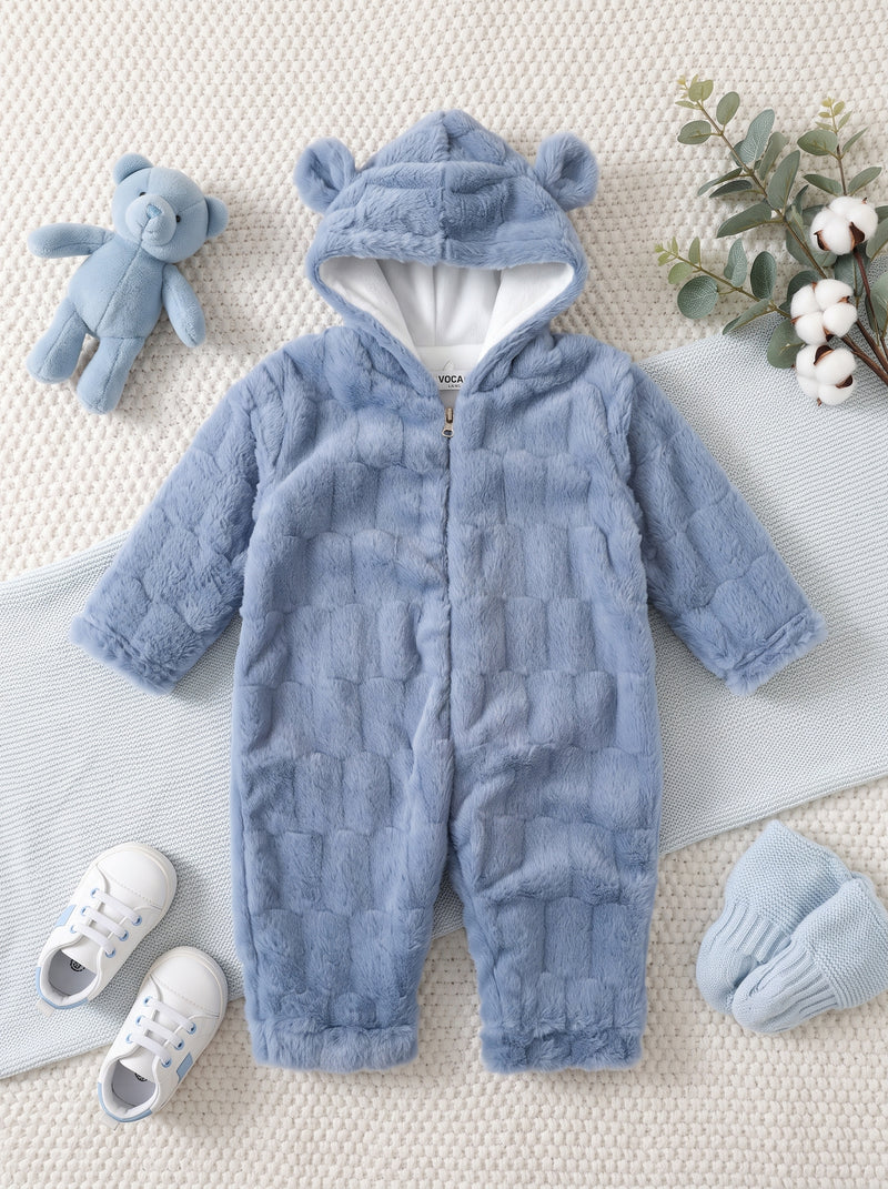 Dusty Blue Cozy Grid Fur Hooded Romper