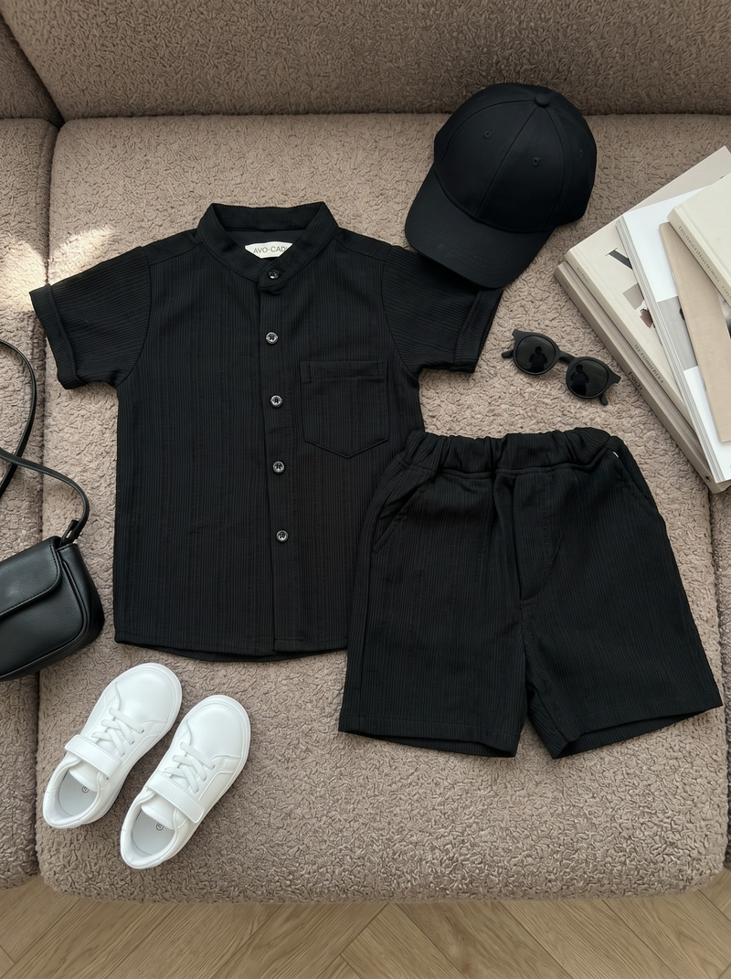 Black Textured Rib Shirt & Short