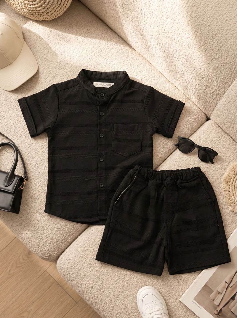 Black Textured Stripe Shirt & Short