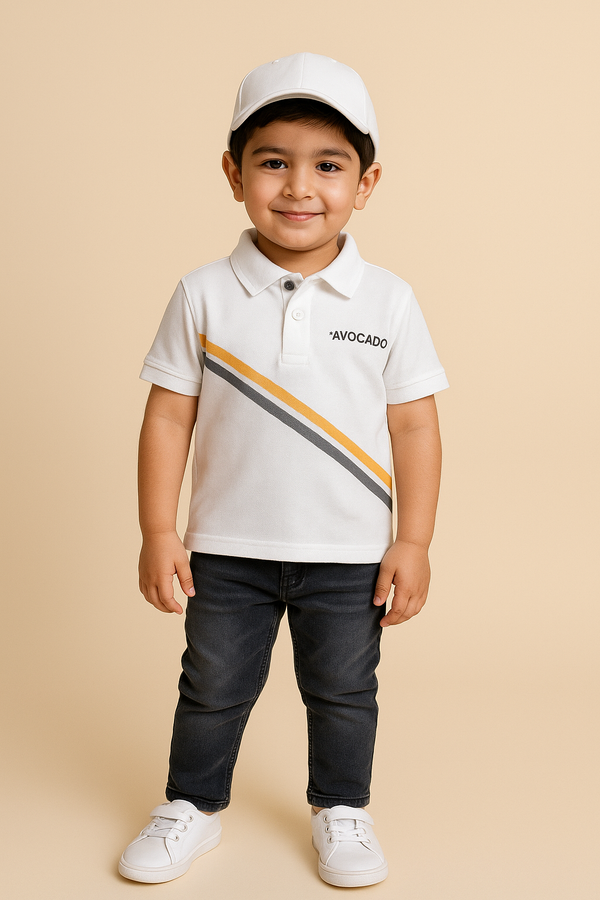 Striped White Avocado Polo & Slim Fit Black Faded Jeans