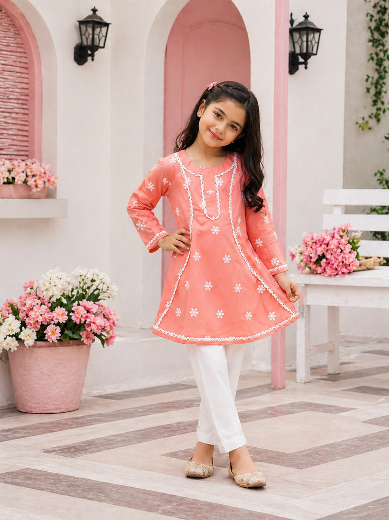 Peach Snowflake Embroidered Kurti