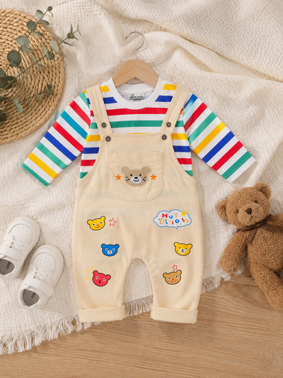 Bear Print Full Sleeves Shirt & Dungaree Set