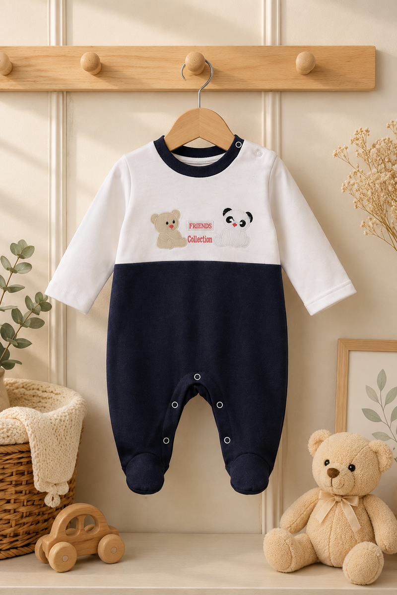 Teddy & Panda Friends Navy Footed Romper