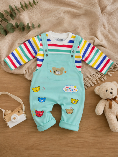 Bear Print Full Sleeves Shirt & Sky Blue Dungaree Set