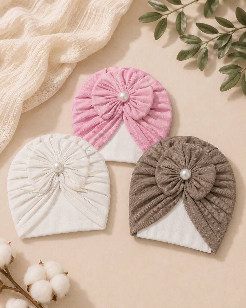 Pearl Bow Baby Turban Caps (3 pieces)