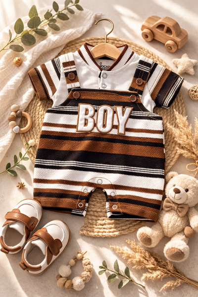 Striped Brown Dungaree Romper