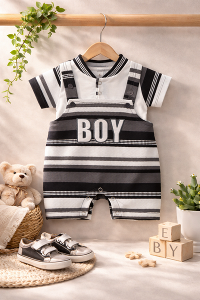 Striped Grey Dungaree Romper