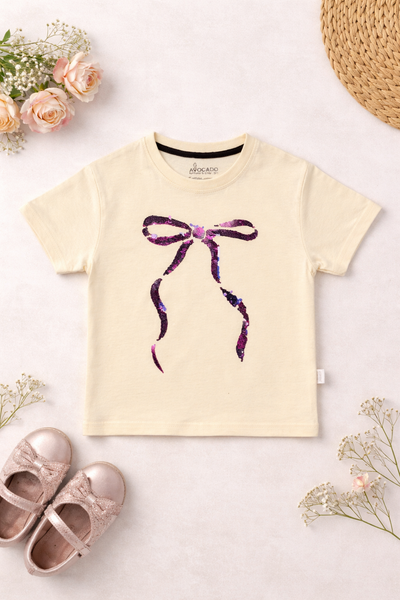 Yellow Sequin Bow Down Shoulder Tee