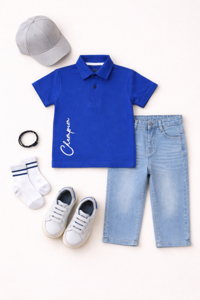 Champion Blue Polo & Dust Blue Straight Jeans