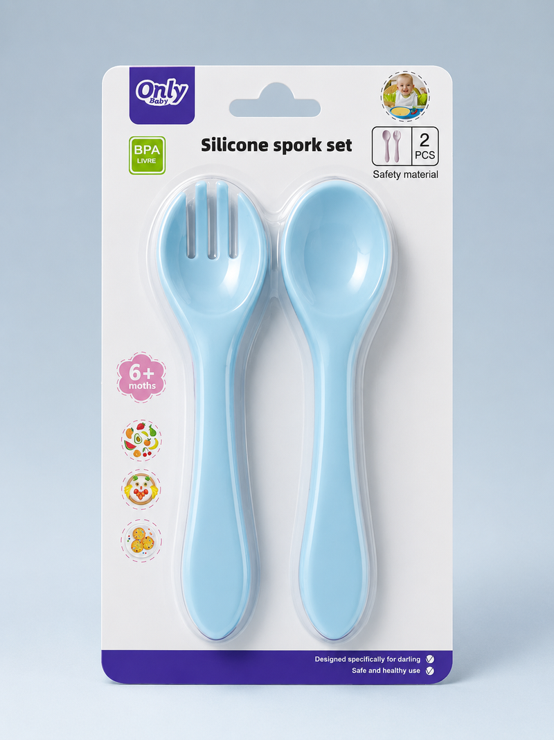Silicone Baby Sky Blue Spoon & Fork Set