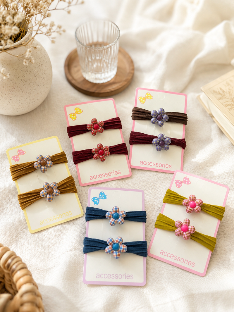 Vintage Plaid Flower Hair Tie Set – Pack of 2