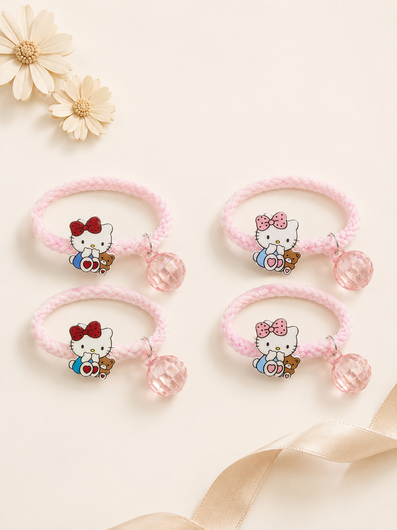 Pink Kitty Charm Hair Tie Set – 4 Pcs