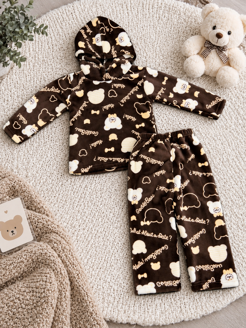 Cute Teddy Bear Winter Fleece Brown Set