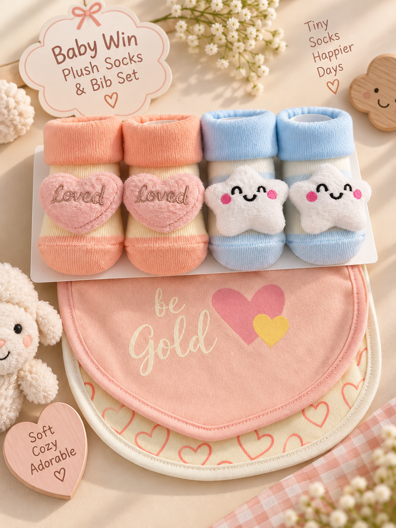 Love Heart & Star Plush Socks & Bib Set