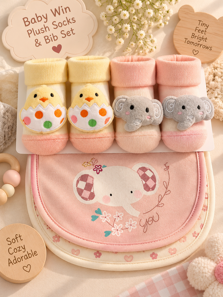 Elephant & Chick Plush Socks & Bib Set