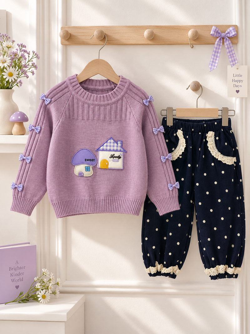 Sweet Bow Woolen Premium Sweatshirt & Polka Dot Trouser Infant