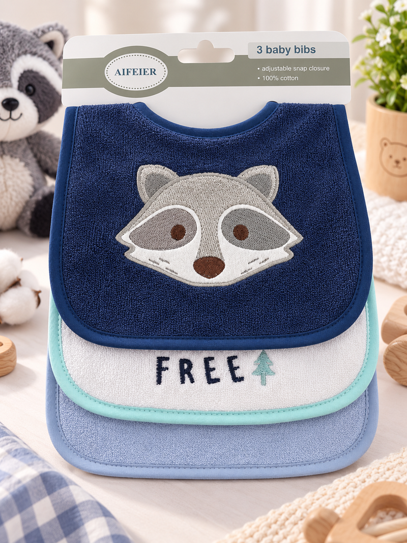 Premium Raccoon Baby 3 Piece Bib Set