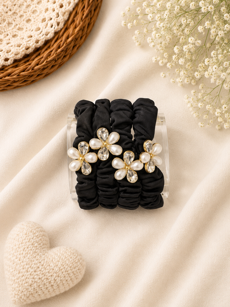 Black Pearl Crystal Flower Scrunchies Set (2 Pcs)