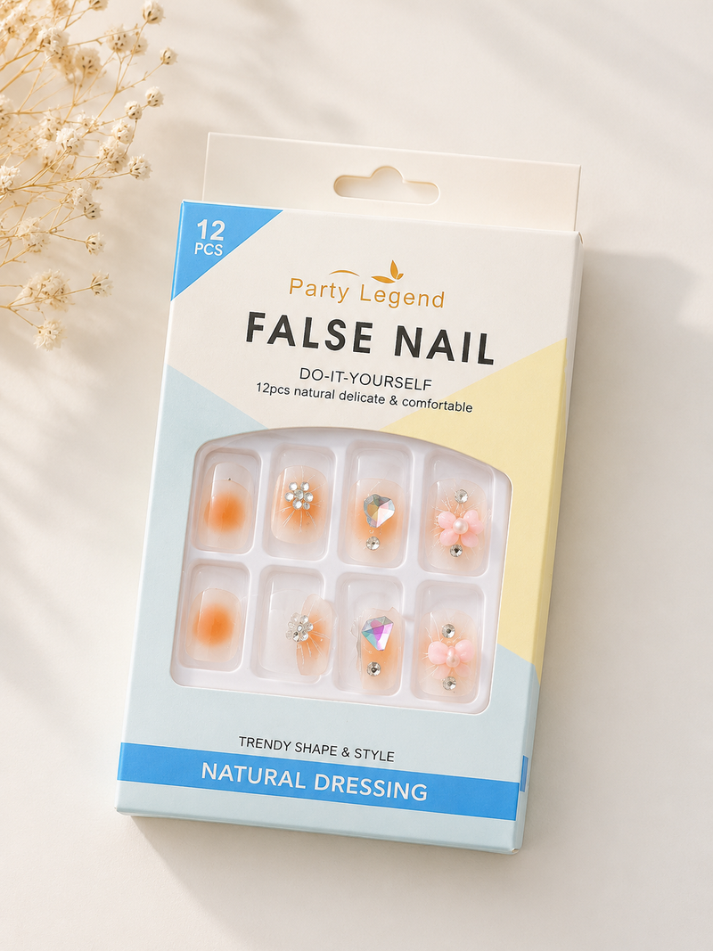 12Pcs Peach Press On Nails with 3D Stones