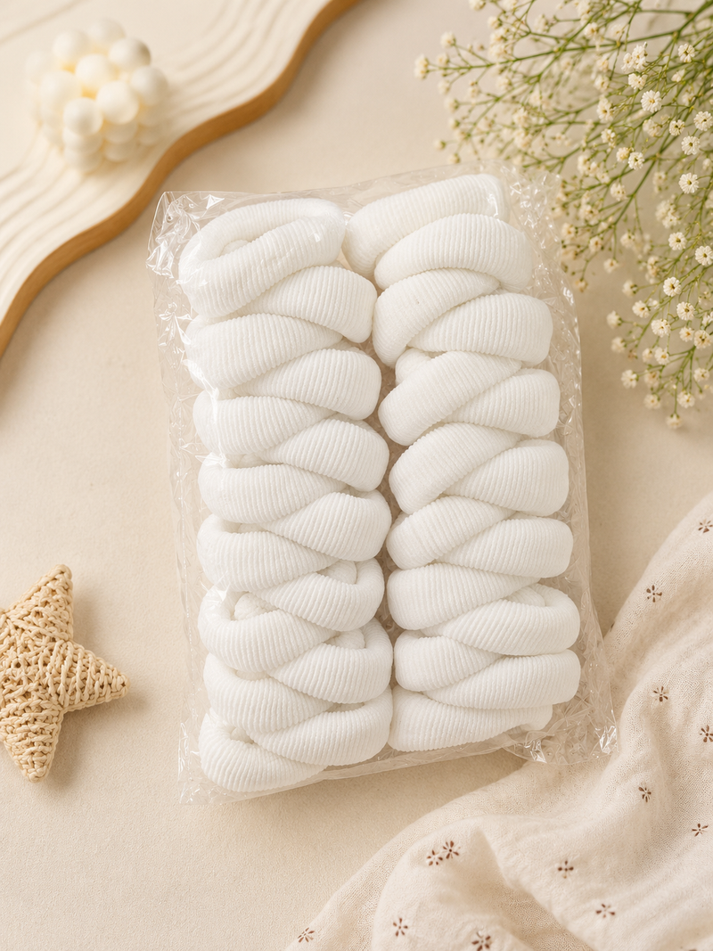 Cloud White Ribbed Hair Ties - 2 Pcs