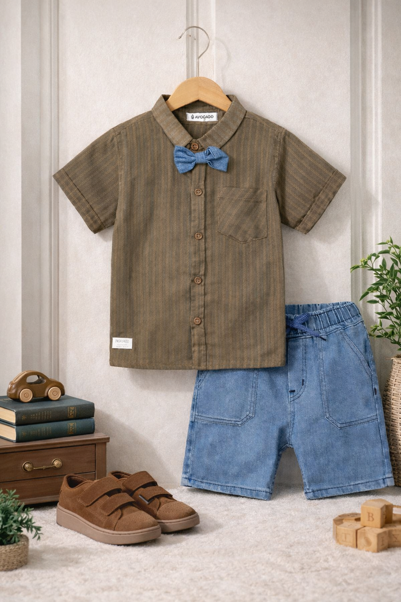 Brown Striped Shirt with Bow Denim Short